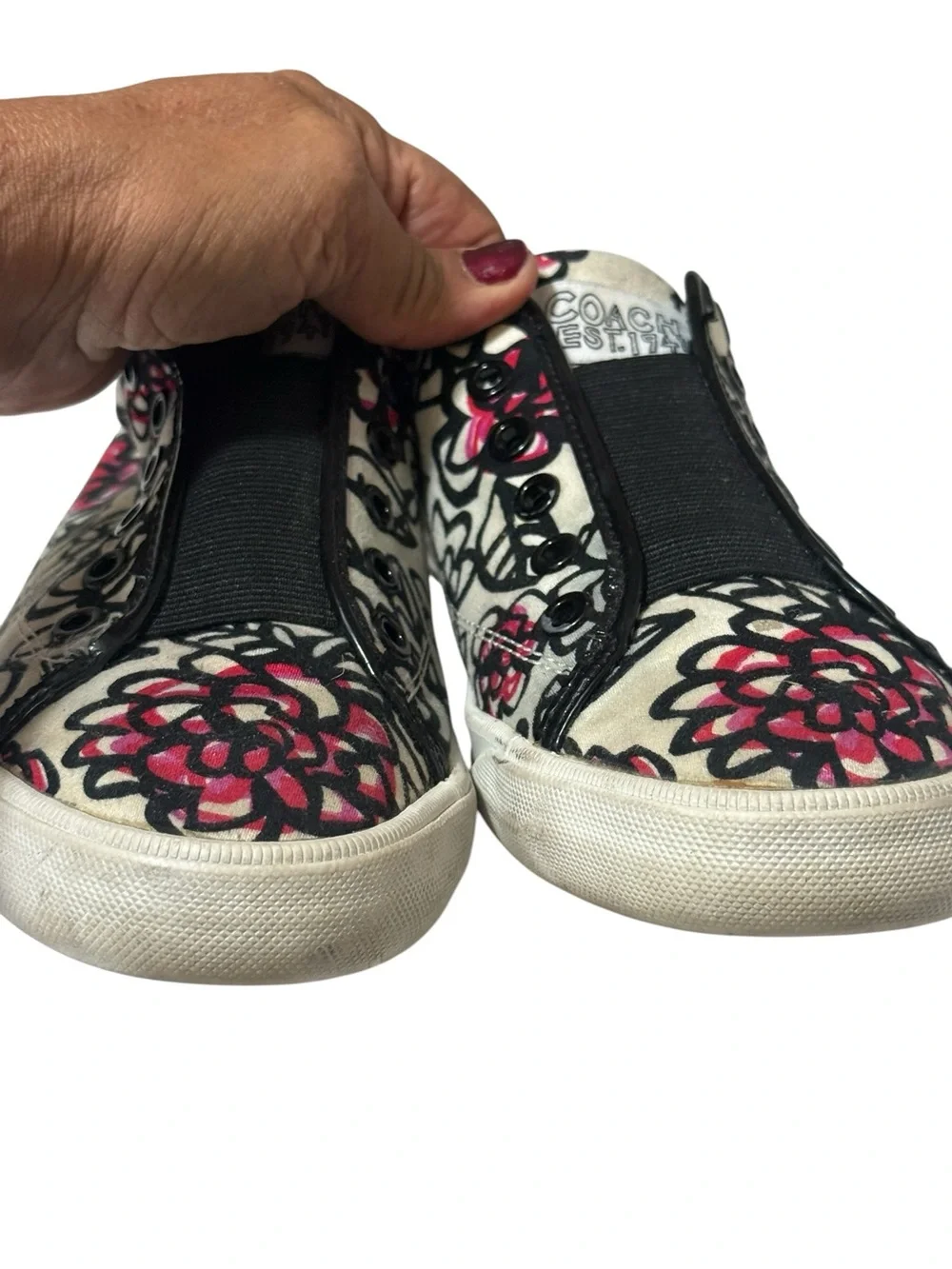 COACH Women’s Cream Slip-On Sneakers with Black & Red Floral Print